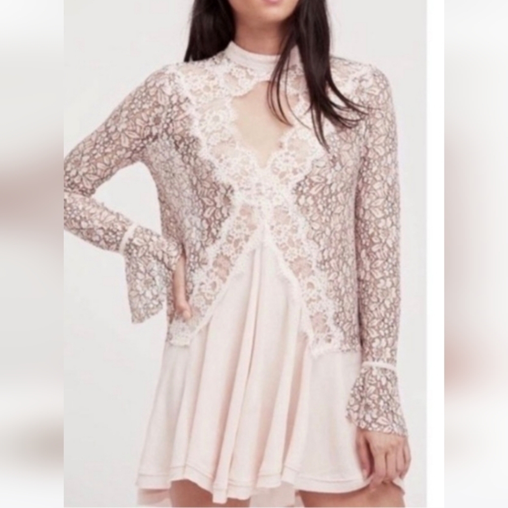 Free People | Pink Lace Long Sleeve Tunic Top XS
